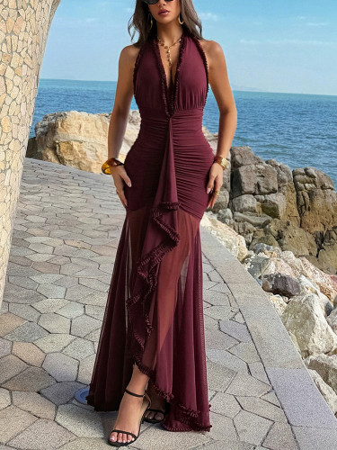 ✨ Sexy V-neck Ruffles Backless Slim Evening Dress High Waist Hollow Wrap Hip Banquet Dress 🌹