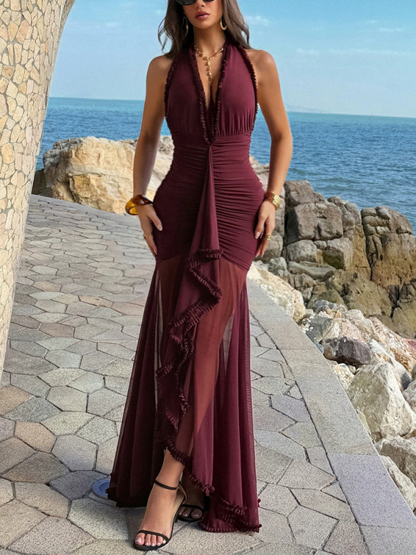 ✨ Sexy V-neck Ruffles Backless Slim Evening Dress High Waist Hollow Wrap Hip Banquet Dress 🌹