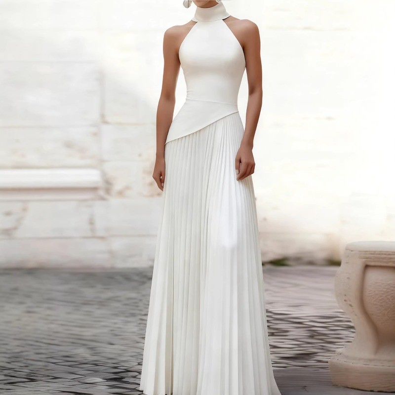🤍 Elegant White Halter Pleated A-Line Formal Gown