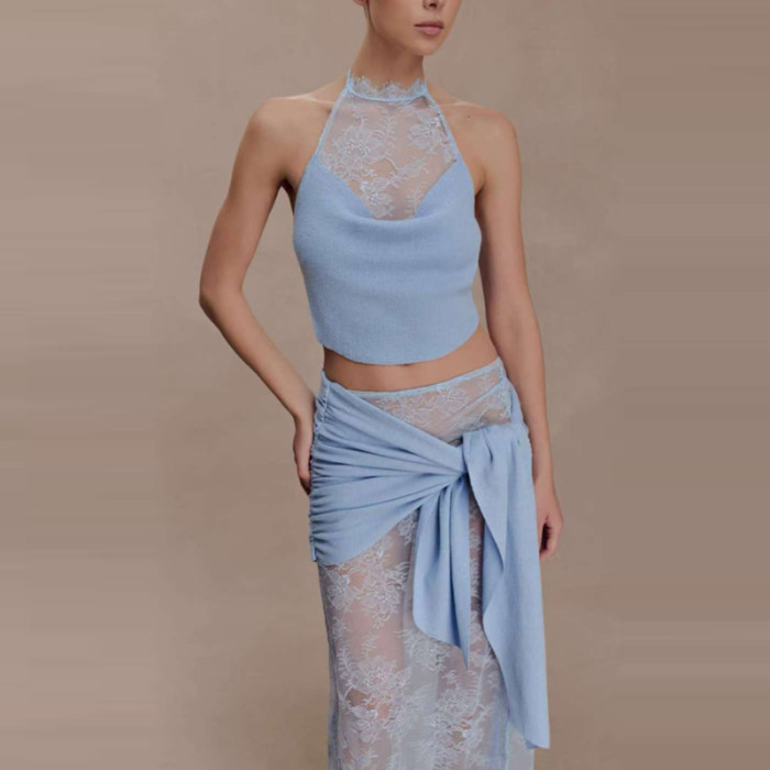 ✨ Bohemian Summer 2-Piece Set Solid Hollow Lace Knit Halter Top & Skirt 🌿