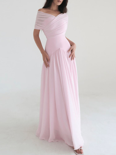 ✨ Elegant Off Shoulder Pleated Evening Dress High Waist Simple Banquet Maxi Dress 🌹