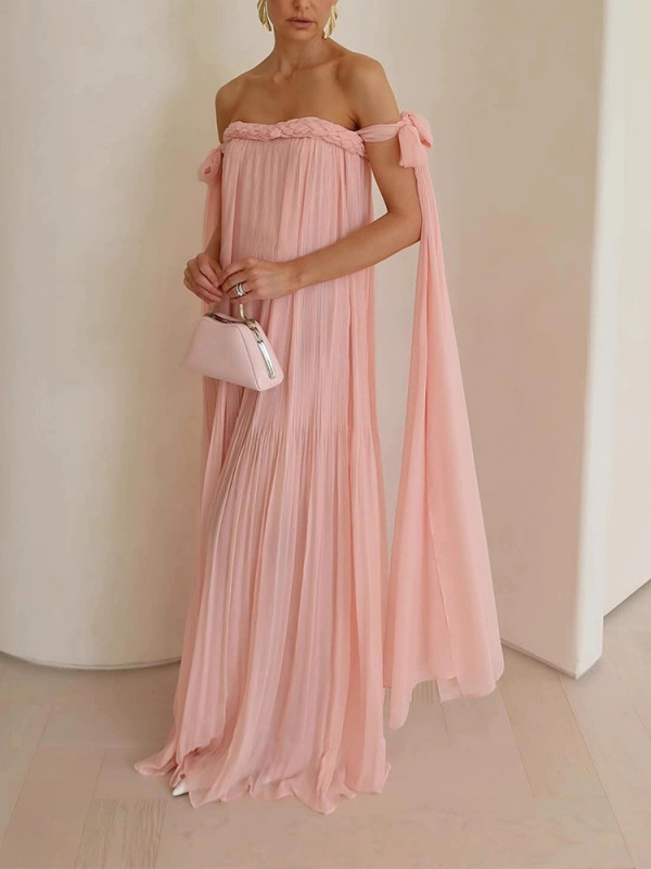 ✨Women Sexy Off Shoulder Ribbon Chiffon Pleated Maxi Dress✨