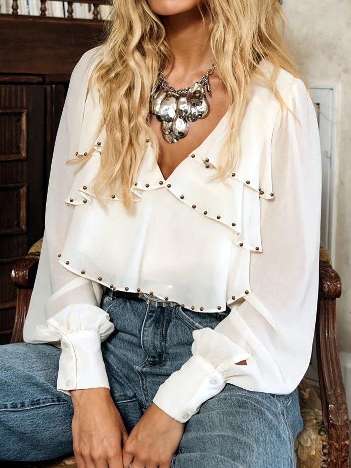 👚 Ivory White Rivet Multi-Layer Shirt