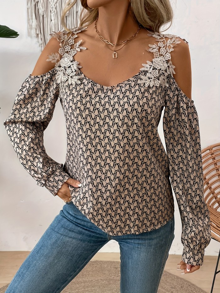 Lace-Trimmed Sleeve Top with a Large V-Neck And Cut-Out Design
