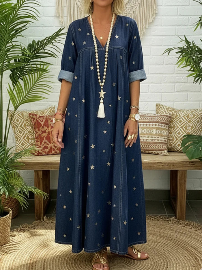 Split-Joint Printed Pockets Pleated Loose Long Sleeves V-Neck Maxi Dresses