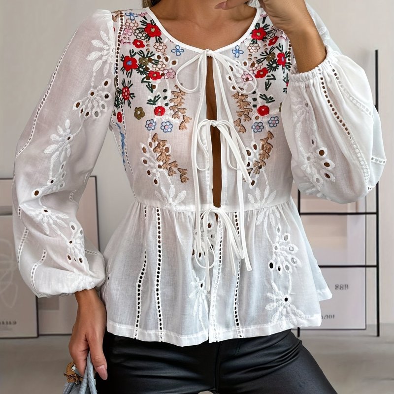 🤍 White French Lace Embroidery Front Tie Blouse
