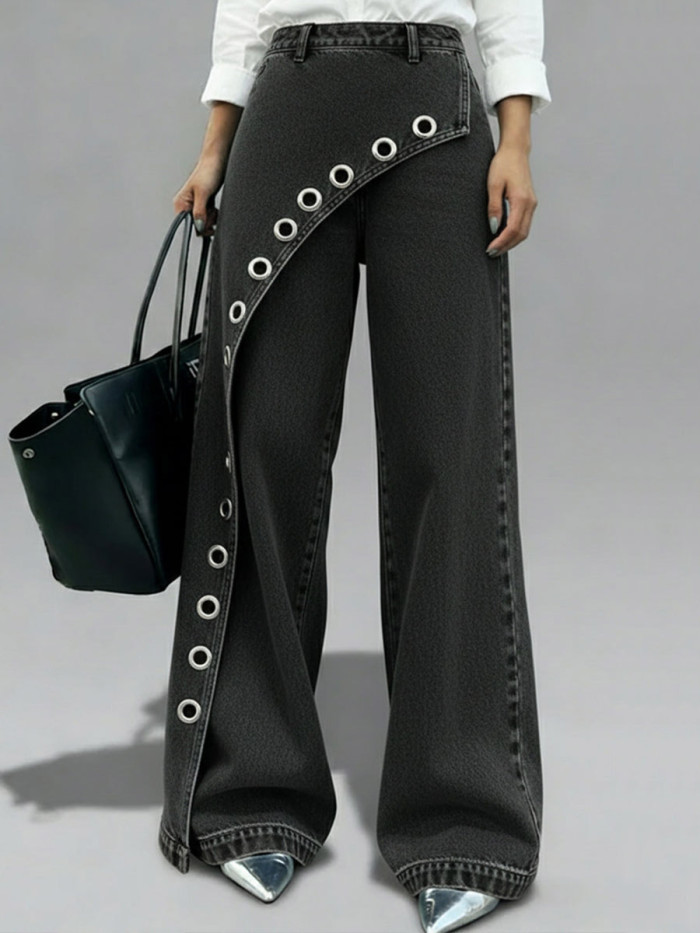 Split-Joint Solid Color Hollow Wide Leg Loose Jean Pants Bottoms
