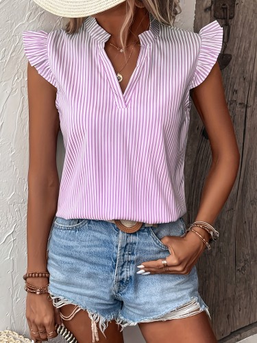 🟢 Light Green White Stripe V-Neck Puff Sleeve Blouse