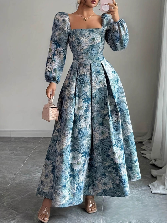 Split-Joint Pleated Flower Print Contrast Color Puff Sleeves Long Sleeves Square-Neck Maxi Dresses