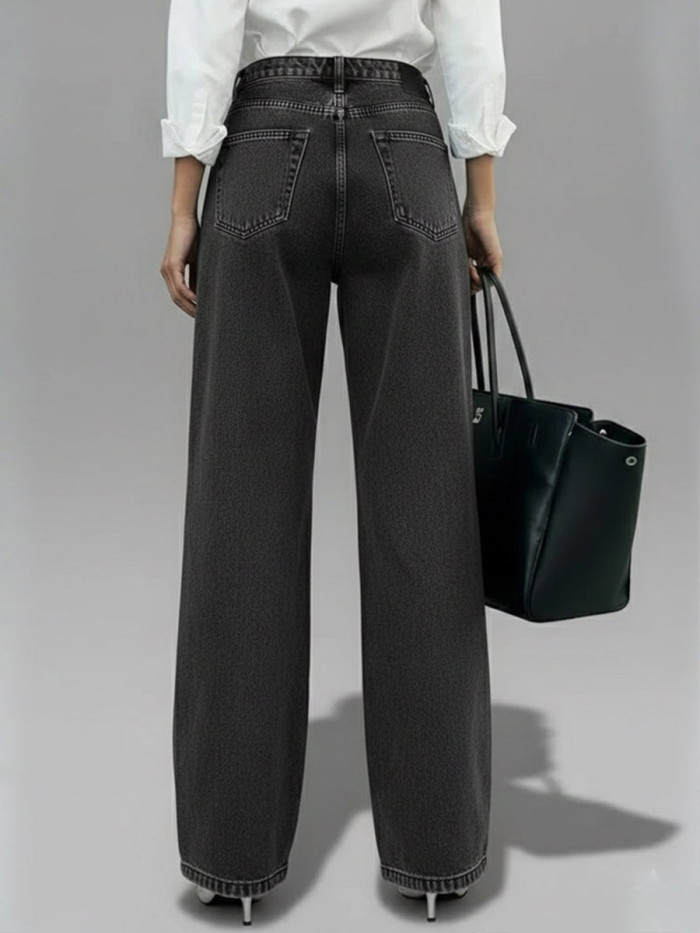 Split-Joint Solid Color Hollow Wide Leg Loose Jean Pants Bottoms