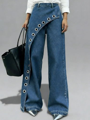 Split-Joint Solid Color Hollow Wide Leg Loose Jean Pants Bottoms