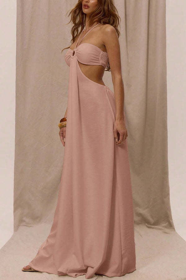 Solid Color Halter Neck Cutout Casual Loose Wide-leg Jumpsuit