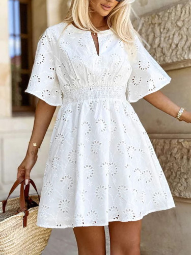 Solid Color Hollow Elasticity Short Sleeves High Waisted V-neck Mini Dresses