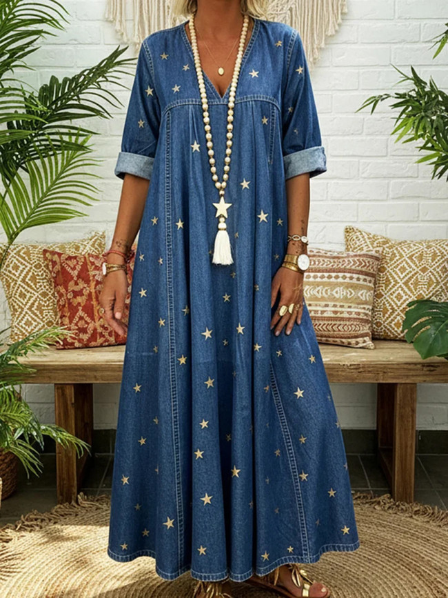 Split-Joint Printed Pockets Pleated Loose Long Sleeves V-Neck Maxi Dresses