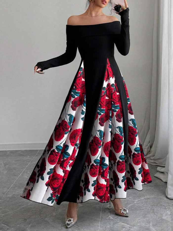 Split-Joint Flower Print Contrast Color Long Sleeves High Waisted Off-the-shoulder Maxi Dresses