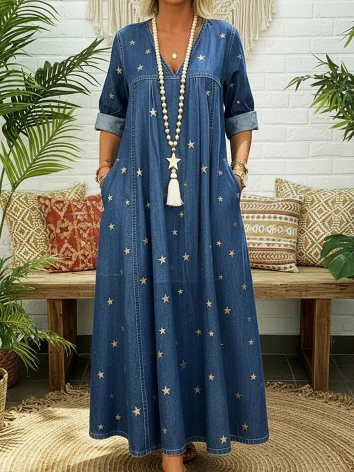 Split-Joint Printed Pockets Pleated Loose Long Sleeves V-Neck Maxi Dresses