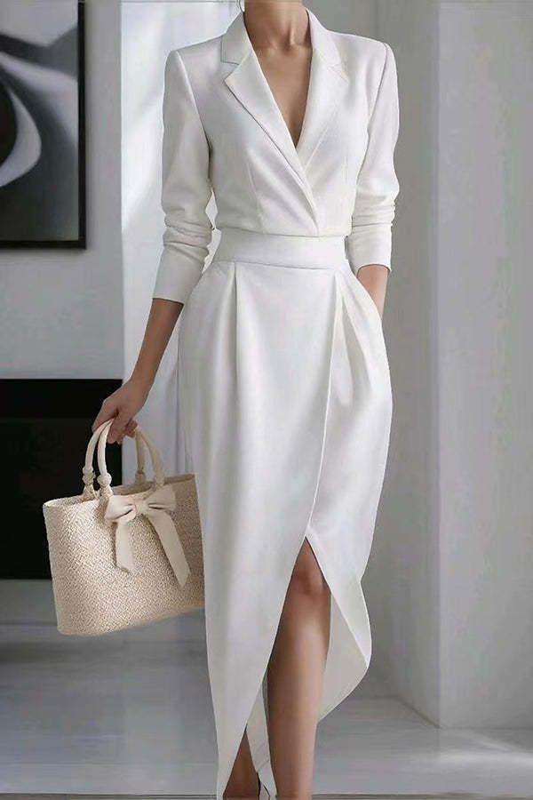 Solid Color Lapel Long Sleeve Slim Irregular Midi Dress
