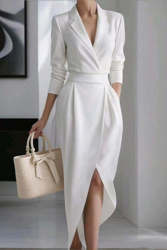 Solid Color Lapel Long Sleeve Slim Irregular Midi Dress