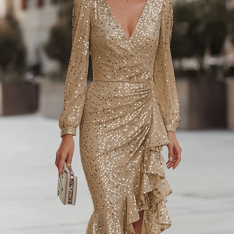 ✨ V-Neck Shimmer Mermaid Asymmetric Train Dress