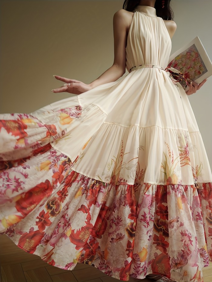 🌴 Floral Print Tie Waist Beach Vacation Dress