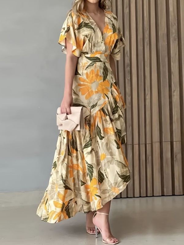 🍂 V-Neck Large Floral Print Elegant Long Dress