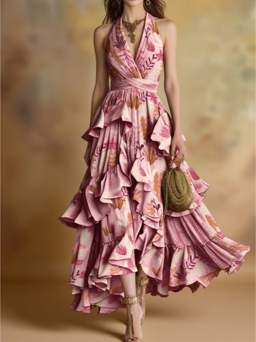 🌸 Pink-Brown Floral Halter V-Neck Maxi Dress