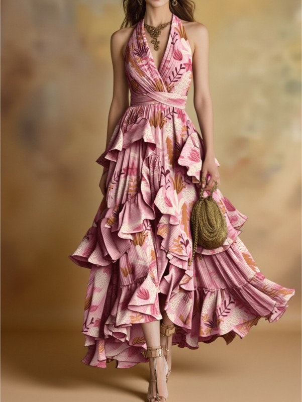 🌸 Pink-Brown Floral Halter V-Neck Maxi Dress
