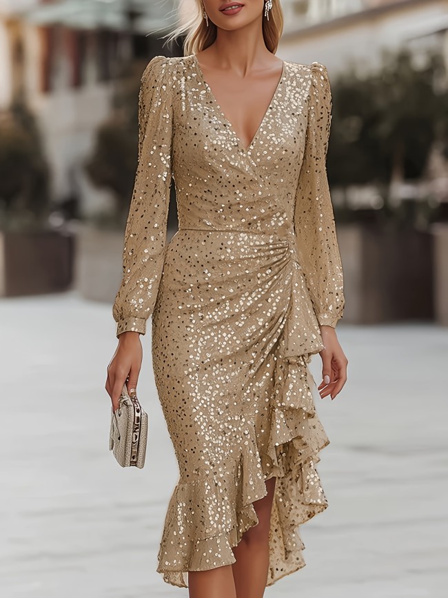 ✨ V-Neck Shimmer Mermaid Asymmetric Train Dress