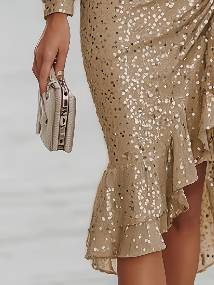 ✨ V-Neck Shimmer Mermaid Asymmetric Train Dress