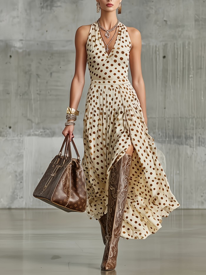Elegant And Comfortable Polka Dot Print Halter Dress for Spring And Summer Outfits
