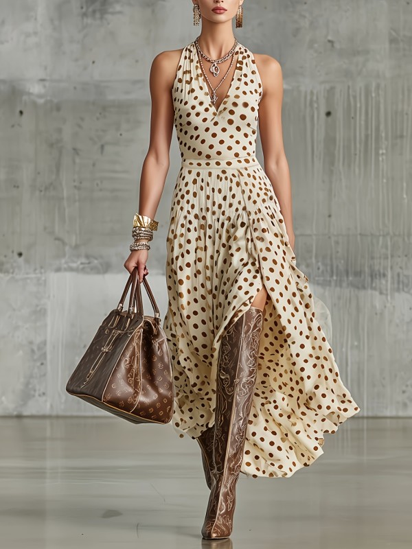 Elegant And Comfortable Polka Dot Print Halter Dress for Spring And Summer Outfits
