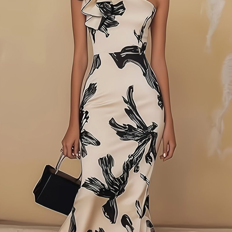 🩷 Printed One-Shoulder Fitted Midi Dress
