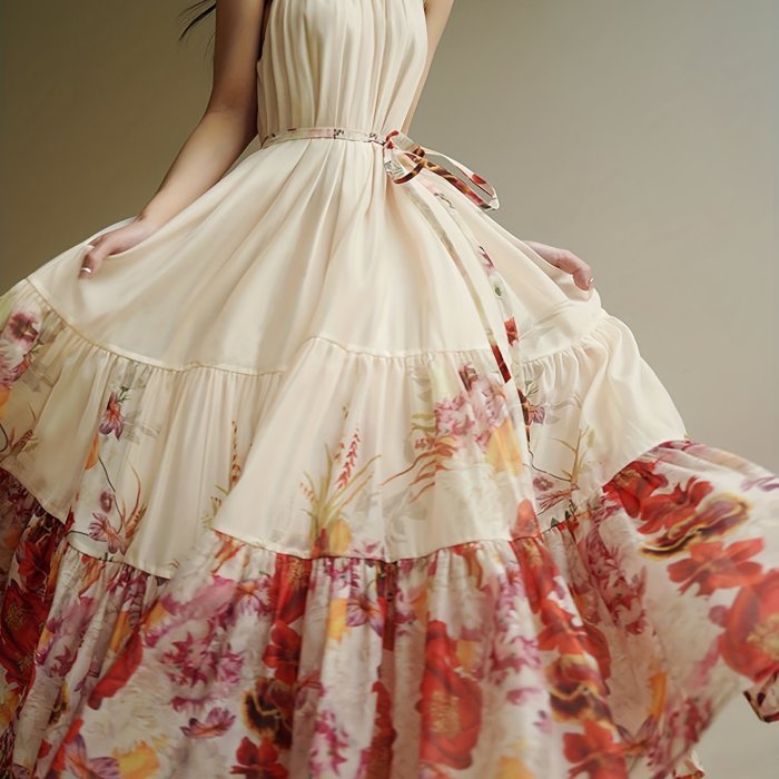🌴 Floral Print Tie Waist Beach Vacation Dress