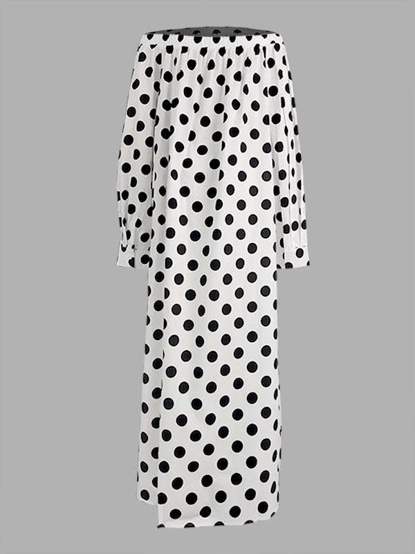 A-Line Long Sleeves Elasticity Polka-Dot Split-Joint Off-The-Shoulder Maxi Dresses
