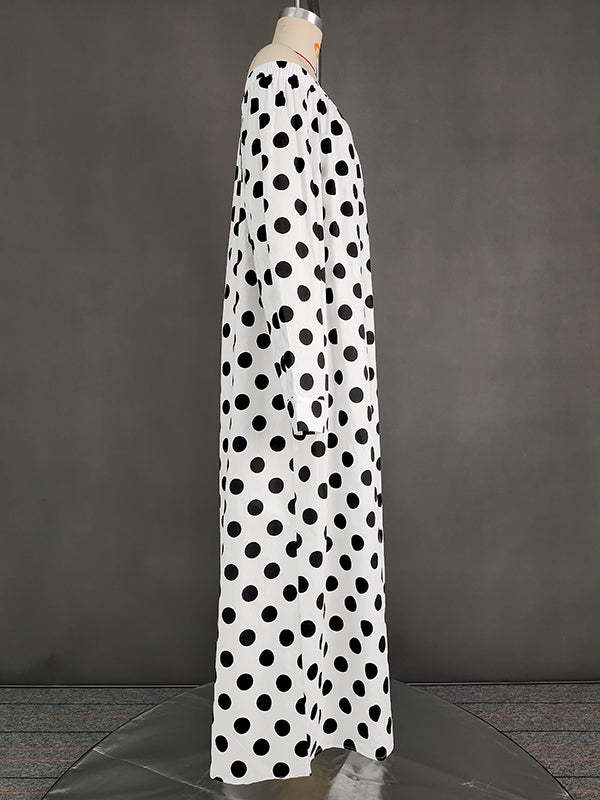 A-Line Long Sleeves Elasticity Polka-Dot Split-Joint Off-The-Shoulder Maxi Dresses