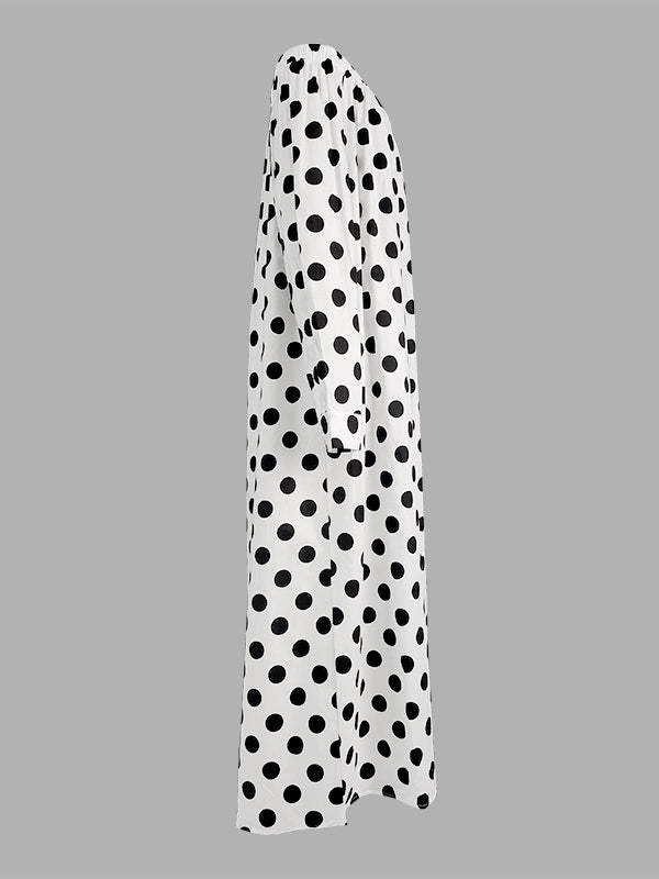 A-Line Long Sleeves Elasticity Polka-Dot Split-Joint Off-The-Shoulder Maxi Dresses