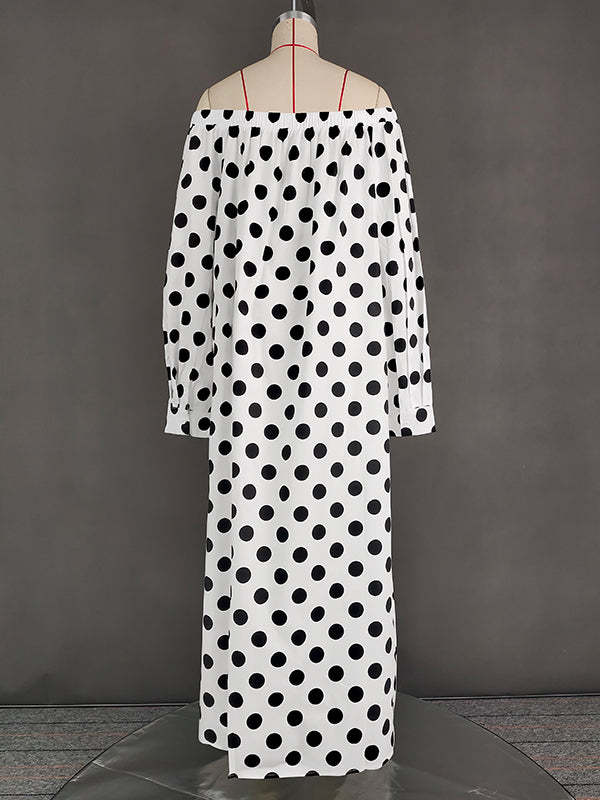 A-Line Long Sleeves Elasticity Polka-Dot Split-Joint Off-The-Shoulder Maxi Dresses