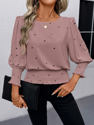 Vintage Heart Print Casual Commuting Street Style Round Neck Ruffle Bubble Sleeve Blouse for Women