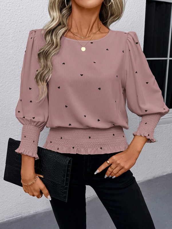 Vintage Heart Print Casual Commuting Street Style Round Neck Ruffle Bubble Sleeve Blouse for Women