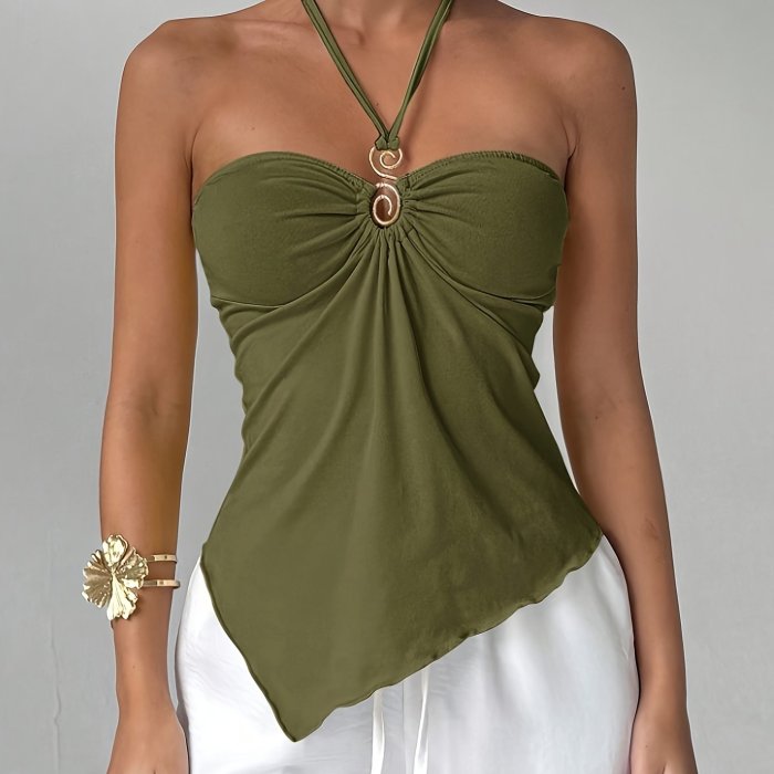 🩷 Halter Neck Ruched Asymmetrical Hem Tank Top