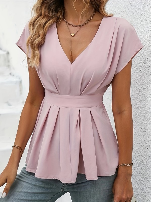 🖤 V-Neck Cinched Waist Short Sleeve Top