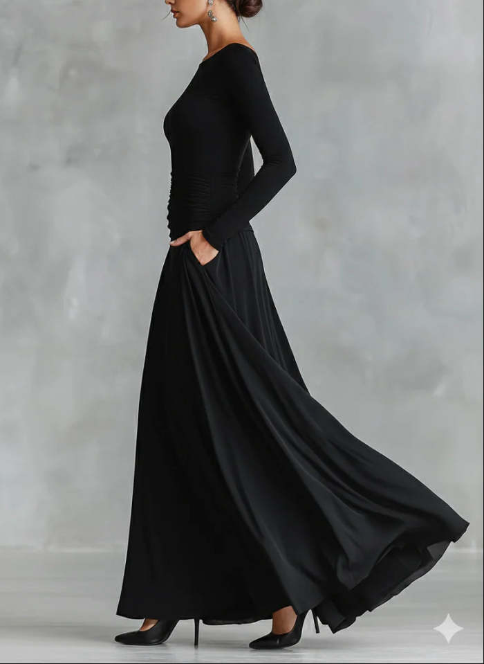 Black modern crepe pleated boat neck long dress