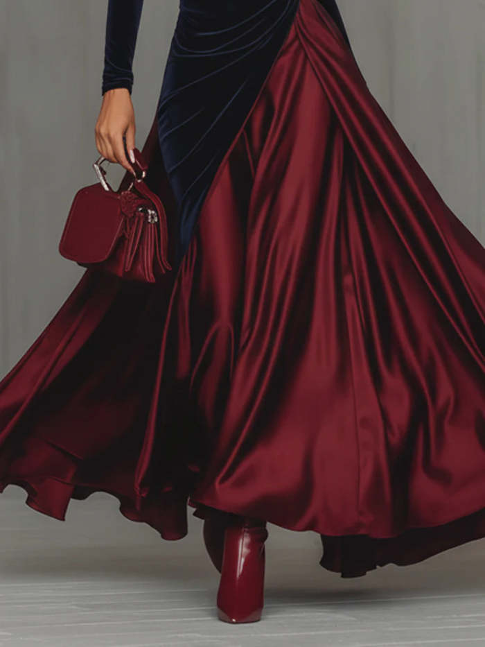 Blue Velvet And Burgundy Satin Color Block Long Dress