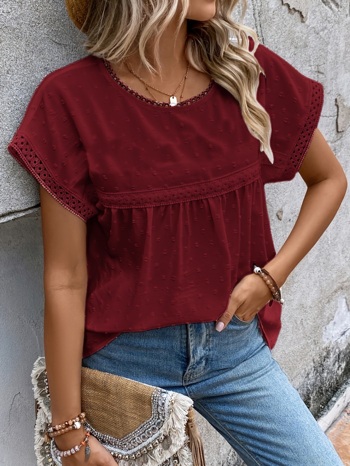 Summer Vacation New Women'S Swiss Polka Dot Color-Block Lace Batwing Sleeve Shirt