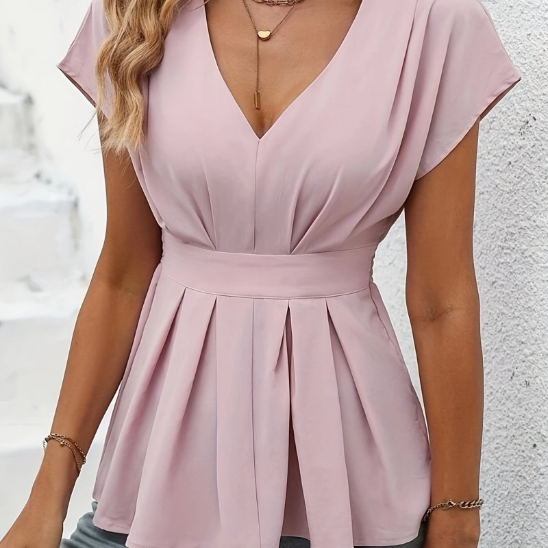 🖤 V-Neck Cinched Waist Short Sleeve Top