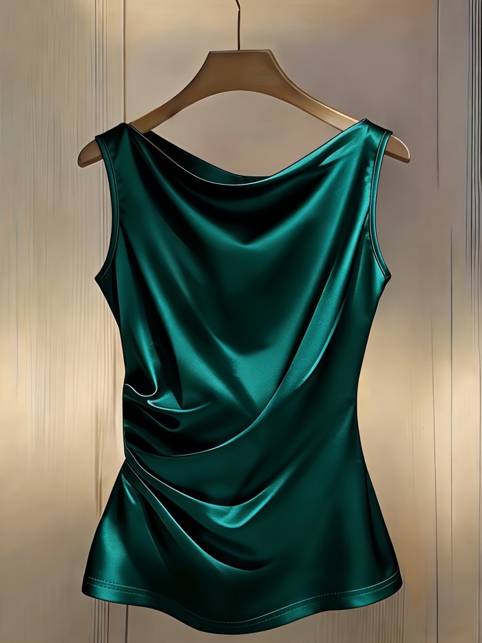 Women'S Fashion Gilded Streaming Light Light Luxury Drape Neck Ruched Slim Fit Satin Sleeveless Vest Sleeve Shirt