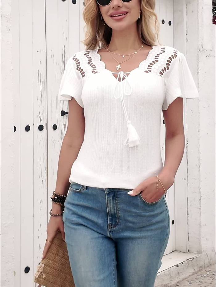 Women's Fashion • Elegant Solid Color • Embroidered Lace • Short-Sleeved Women's Long Top
