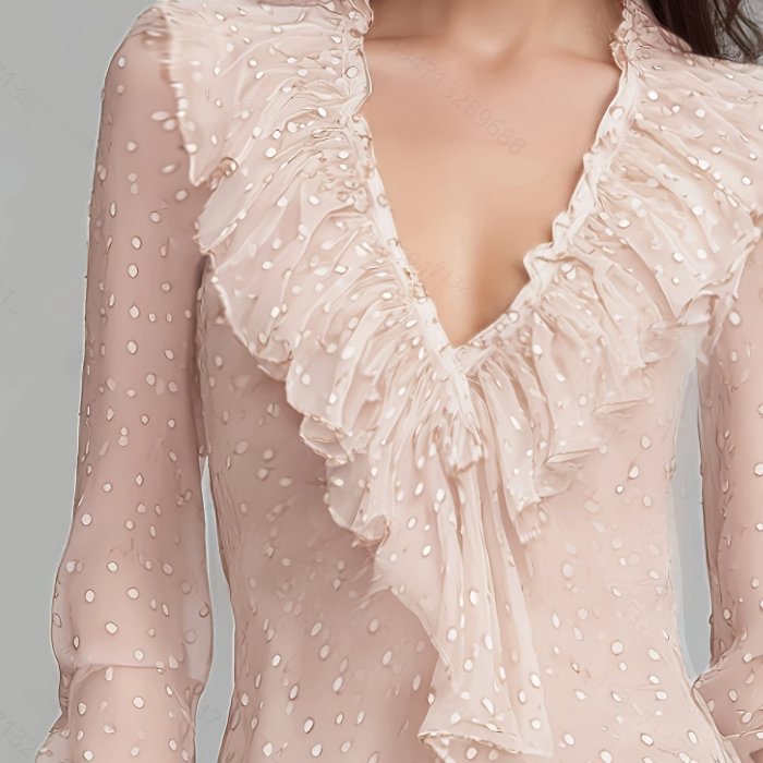 🌹 Nude Rose Polka Dot Flared Sleeve Ruffle V-Neck Blouse