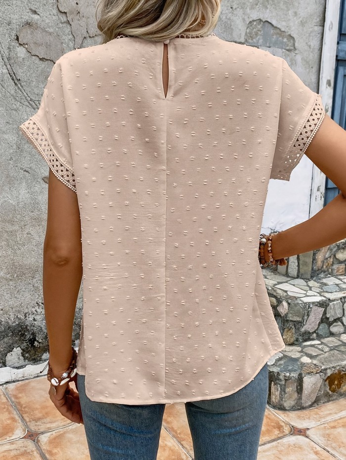 Summer Vacation New Women'S Swiss Polka Dot Color-Block Lace Batwing Sleeve Shirt