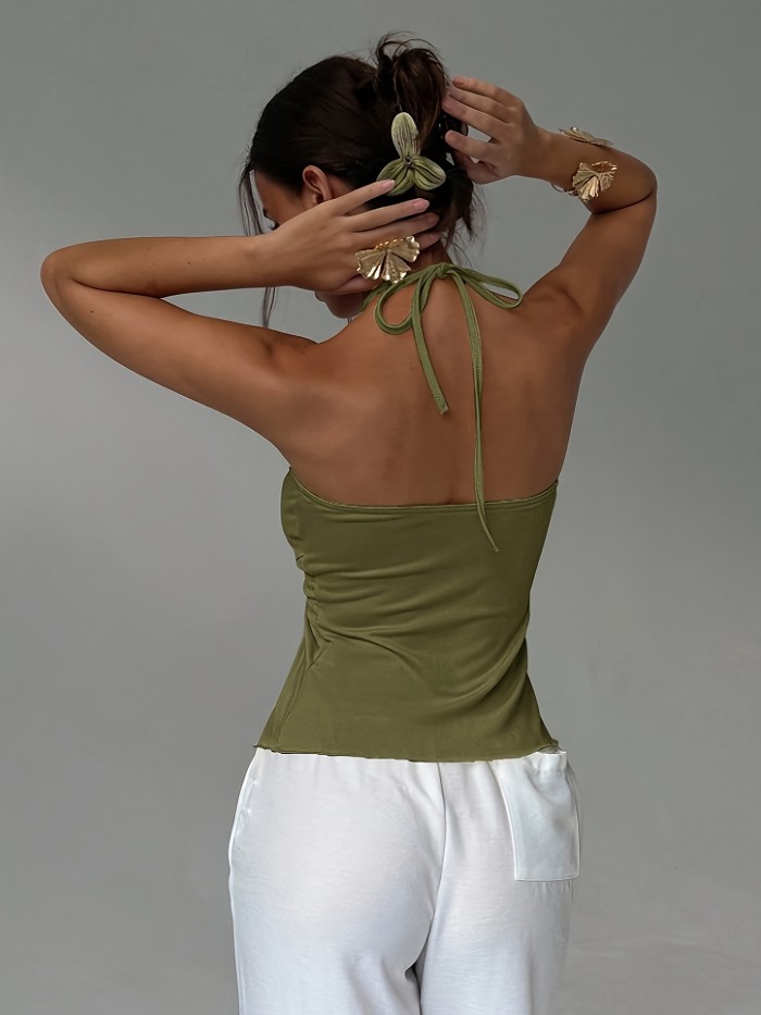 🩷 Halter Neck Ruched Asymmetrical Hem Tank Top